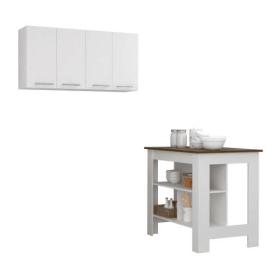 Burlingame 5-Shelf 4-Door 2-piece Kitchen Set, Kitchen Island And Upper Wall Cabinet White And Walnut