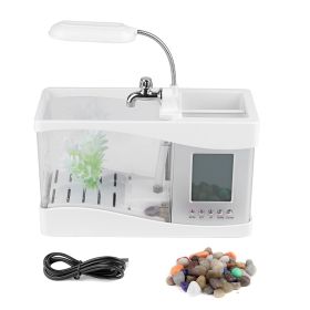 Multifunctional USB Rechargeable Mini Fish Tank Aquarium with Clock Function LED Light White