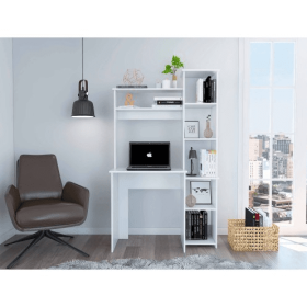 White 6-Shelf Writing Desk With Built-in Bookcase