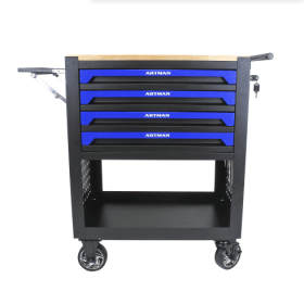 4 DRAWERS MULTIFUNCTIONAL TOOL CART WITH WHEELS AND WOODEN TOP-BLUE