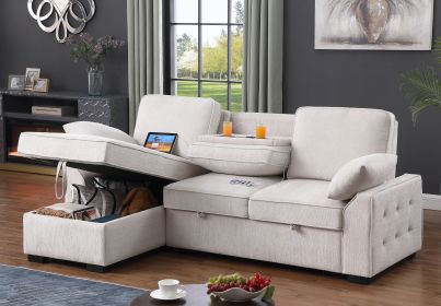 Mackenzie 91"W Beige Chenille Fabric Reversible Sleeper Sectional with Storage Chaise, Drop-Down Table, Cup Holders and Charging Ports