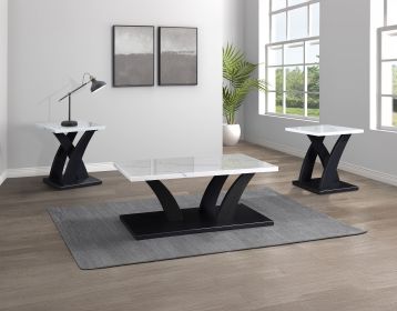 Modern White Black 3-Piece Cocktail Set Faux Marble Table Top Table and Two Matching End Tables Living Room Wooden Furniture