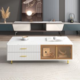 Modern White Coffee Table with 2 Glass Door Storage, 4 Drawers, Gold Metal Legs, and Multi-Color Lighting in 47.2''