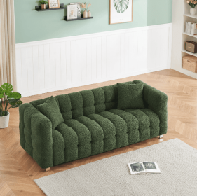 Refreshing Green Teddy Fleece Sofa - 80" Ideal for Living Room or Bedroom, Comes with Two Throw Pillows and Sturdy Hardware Foot Support