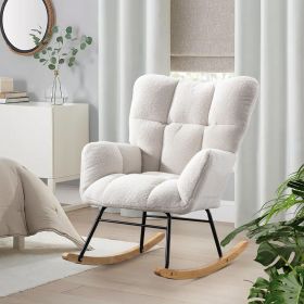 Teddy Fabric Rocking Chair, Upholstered Rocker Armchair with High Backrest, Modern Rocking Accent Chair for Nursery, Living Room, Bedroom, White