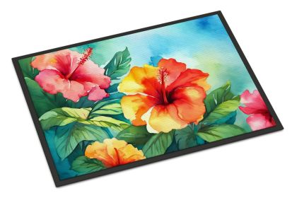 Hawaii Hawaiian Hibiscus in Watercolor Doormat Front Door Mat Indoor Outdoor Rugs for Entryway, Non Slip Washable Low Pile, 24H X 36W