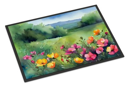 North Dakota Wild Prairie Roses in Watercolor Doormat Front Door Mat Indoor Outdoor Rugs for Entryway, Non Slip Washable Low Pile, 24H X 36W