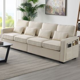 [VIDEO provided] [New] 104" 4-Seater Modern Linen Fabric Sofa with Armrest Pockets and 4 Pillows,Minimalist Style Couch for Living Room, Apartment