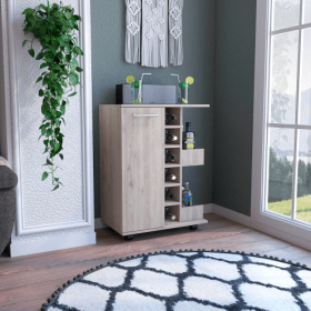 Bar Cart, Two External Shelves, Four Casters, Six Built-in Wine Rack, Single Door Cabinet -Light Gray