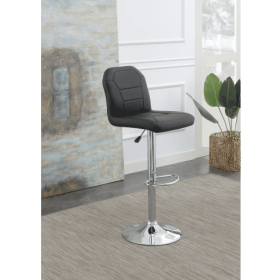 Adjustable Bar Stool Chair Black Faux Leather Clean Lines Seat Chrome Base Modern Set Of 2 Chairs (Color: Black)