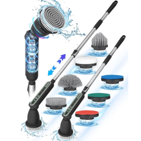 Electric Spin Scrubber, 2024 New Super Quiet Power Cleaning Brush For Bathroom Floor Tile With Long Handle, Cordless Shower Brush With 7 Replaceable B (Color: Black)