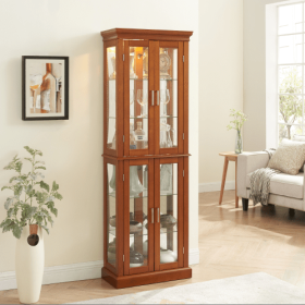 Curio Cabinet Lighted Curio Diapaly Cabinet With Adjustable Shelves And Mirrored Back Panel, Tempered Glass Doors (Option: Walnut)