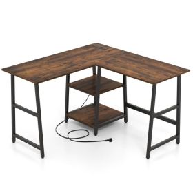 L-Shaped Corner Computer Desk with Storage Shelves (Color: Brown)