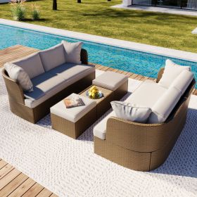 Customizable Outdoor Patio Furniture Set, Wicker Furniture Sofa Set with Thick Cushions, Suitable for Backyard, Porch. (Color: Beige)