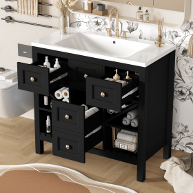 36'' Bathroom Vanity with Resin Sink Combo, Solid Wood Frame Bathroom Storage Cabinet, Freestanding Vanity Set with 5 Drawers& Soft Closing Doors (Material: Solid Wood+MDF+Resin, Color: Black)