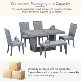 Contemporary 6-Piece 78inch Extendable Pedestal Dining Table Set with 18inch Removable Leaf and Dining Bench, 4 Upholstered Dining Chairs (Material: Rubber Wood, Color: Gray)