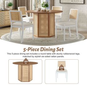 5-Piece Rattan Round Dining Table Set, Wood Table with Hexagonal Base and Upholstered Chairs for Dining Room, Kitchen,Indoor Use (Material: Rubber Wood, Color: White)