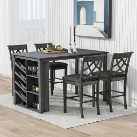 Updated Counter Height 5-piece Solid Wood Dining Table Set, 59*35.4Inch Table with Curved Wine Rack and 4 Upholstered Chairs (Material: Rubber Wood, Color: Grey)