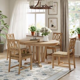 Rustic 5-Piece Extendable Dining Table Set Round Trestle Table and 4 Cross Back Dining Chairs for Kitchen, Dining Room (Material: Solid Wood, Color: Natural)